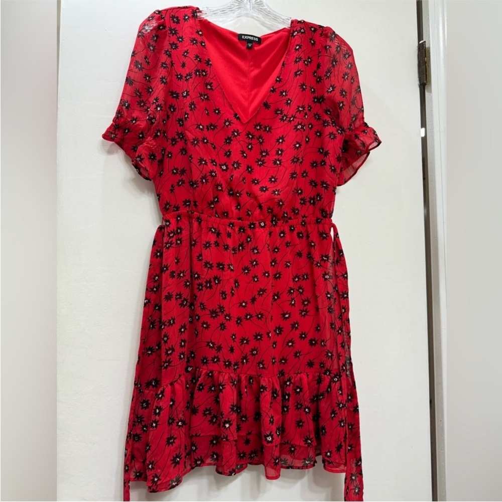 Express Red Ruffle Hem Dress with Black Floral Design